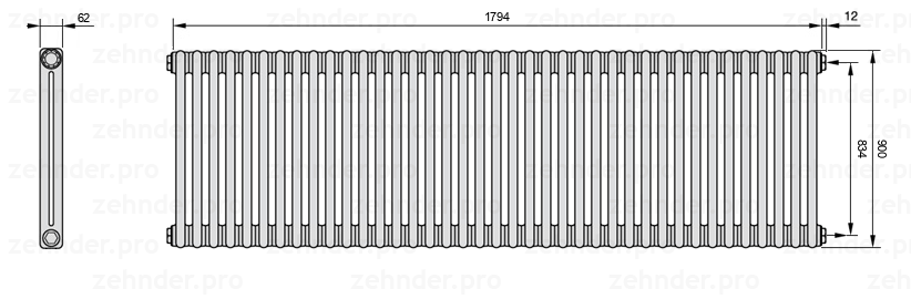 Схема (чертеж) Радиатор Zehnder Charleston 2090/39 №7610 Белый глянцевый RAL 9016